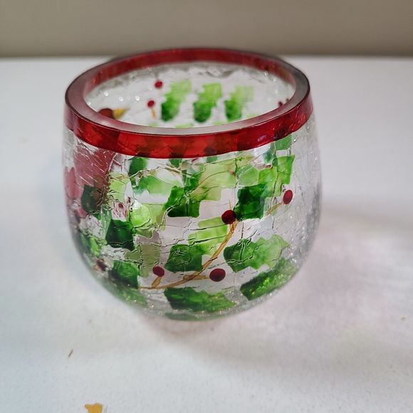 Cardinal With Holly Crackle Glass Votive Tea Light Candle Holder hanpain… - Picture 6 of 12